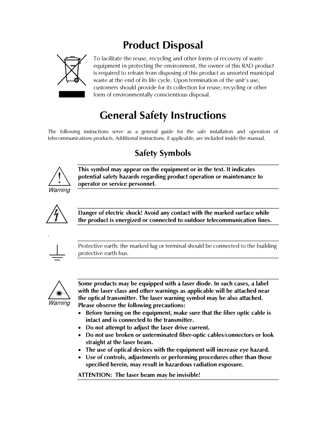 RAD Data comm IPmux-11 operation manual Product Disposal, Please observe the following precautions 