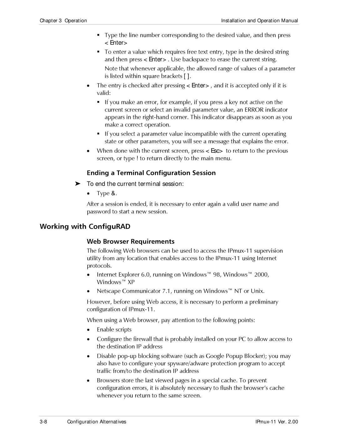 RAD Data comm IPmux-11 Working with ConfiguRAD, Ending a Terminal Configuration Session, Web Browser Requirements, Enter 
