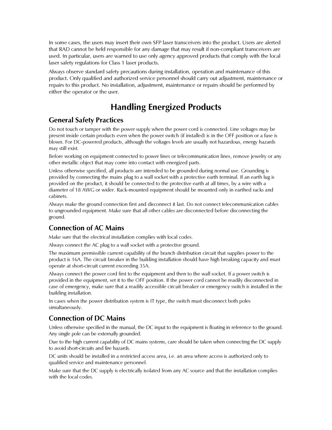 RAD Data comm IPmux-11 operation manual General Safety Practices, Connection of AC Mains, Connection of DC Mains 