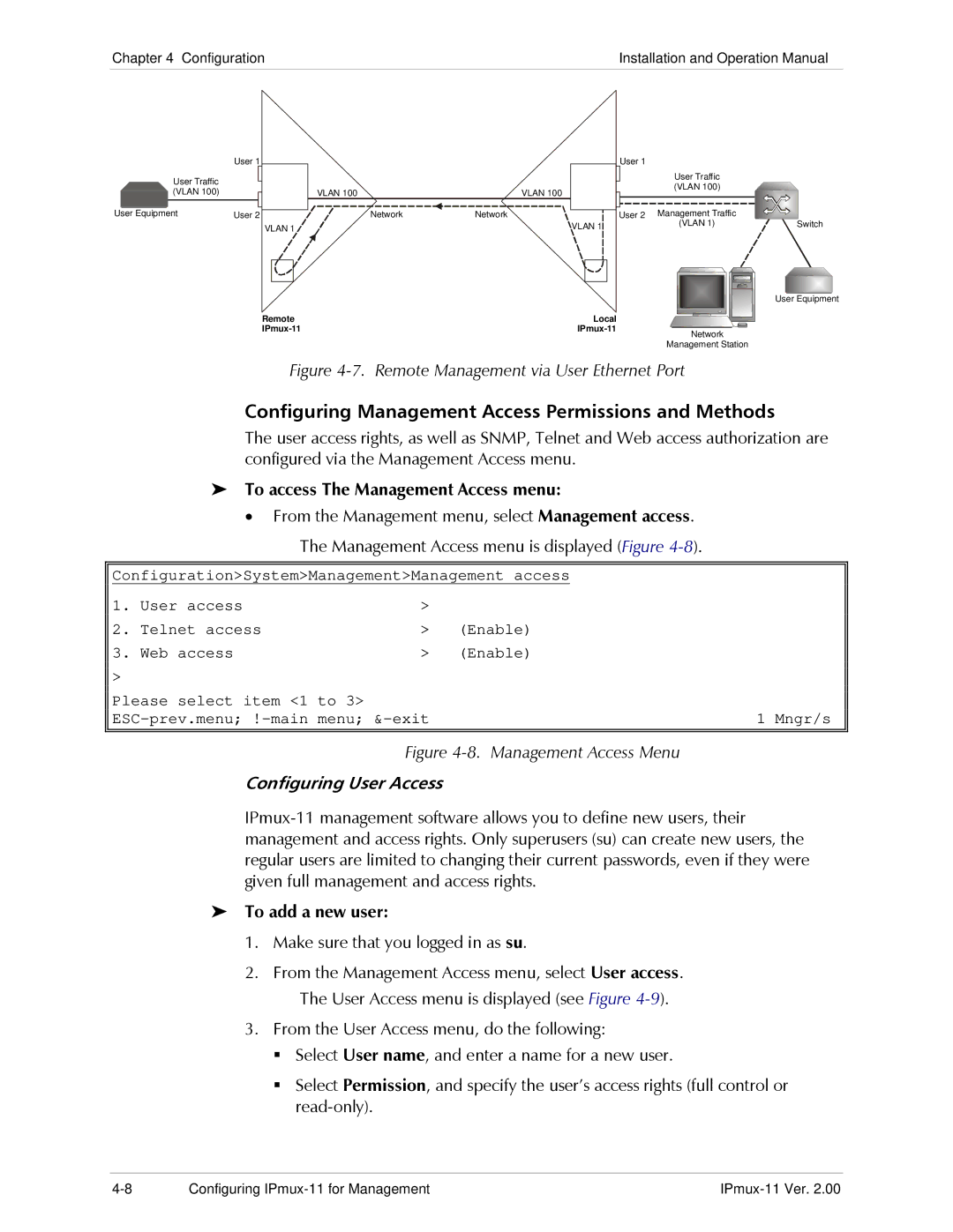 RAD Data comm IPmux-11 Configuring Management Access Permissions and Methods, To access The Management Access menu 