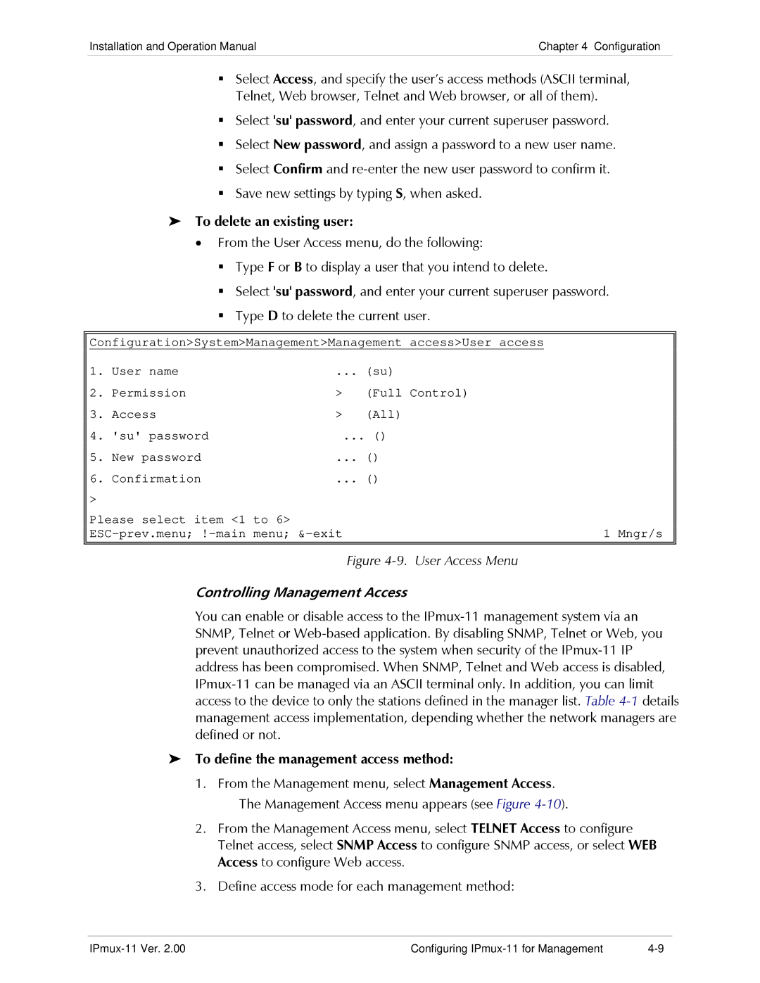 RAD Data comm IPmux-11 operation manual To delete an existing user, To define the management access method 