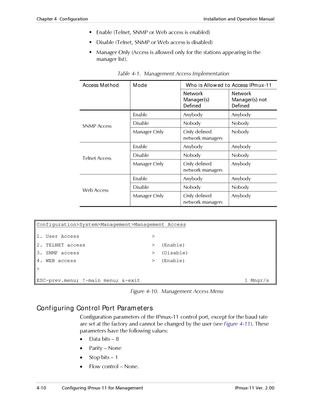 RAD Data comm IPmux-11 operation manual Configuring Control Port Parameters, Management Access Implementation 