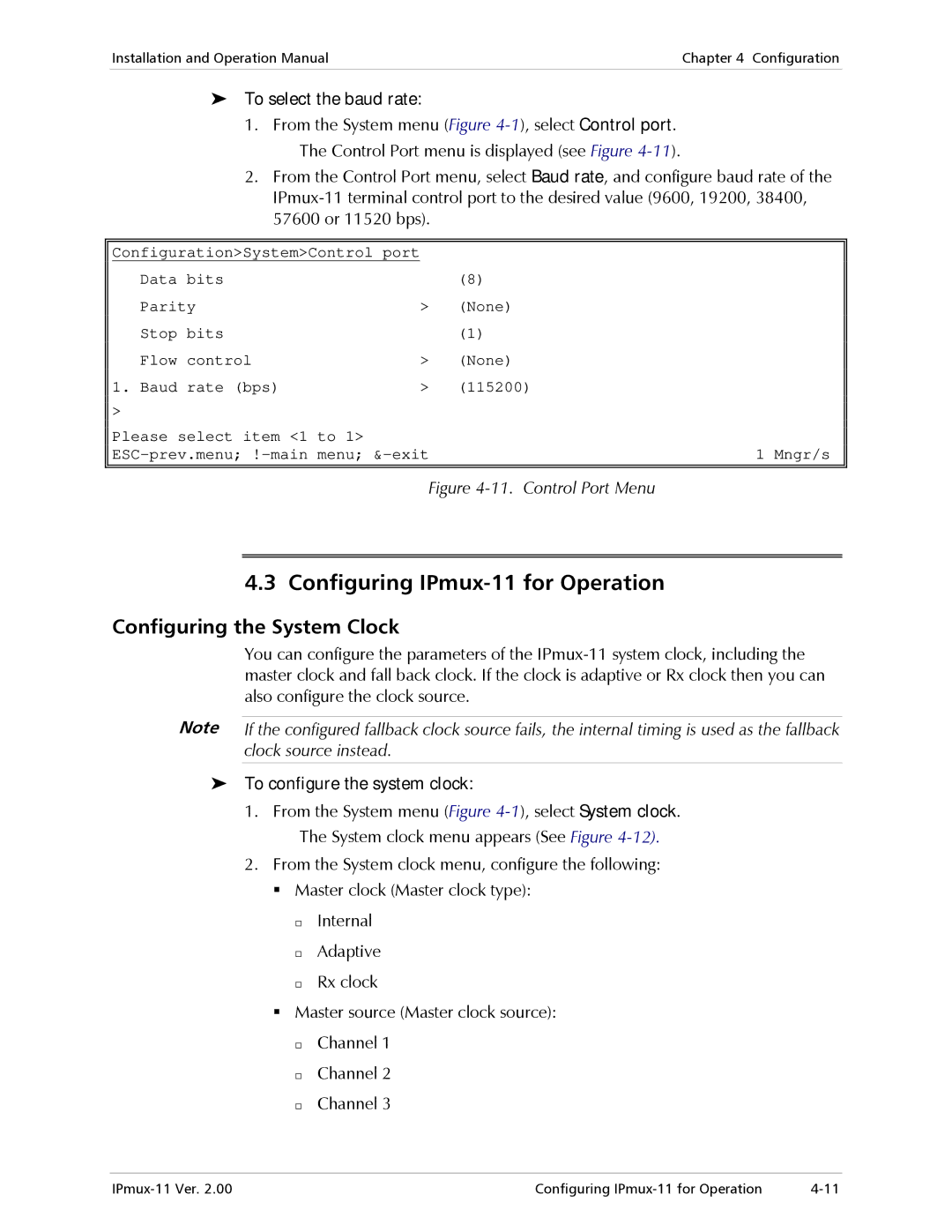 RAD Data comm operation manual Configuring IPmux-11 for Operation, Configuring the System Clock, To select the baud rate 