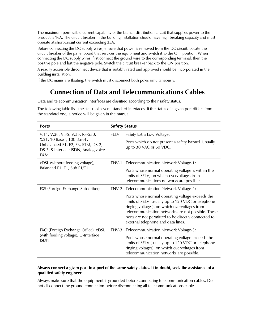 RAD Data comm IPmux-11 operation manual Connection of Data and Telecommunications Cables, Ports Safety Status 