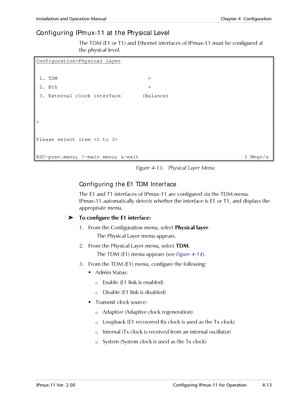 RAD Data comm operation manual Configuring IPmux-11 at the Physical Level, Configuring the E1 TDM Interface 