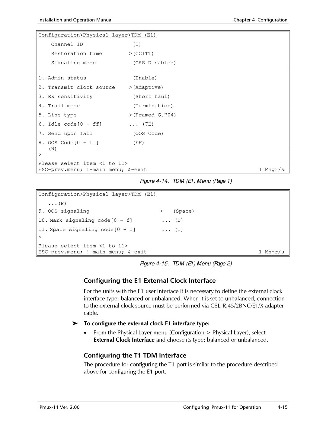 RAD Data comm IPmux-11 Configuring the E1 External Clock Interface, Configuring the T1 TDM Interface, TDM E1 Menu 