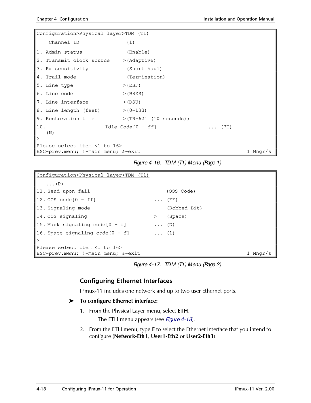 RAD Data comm IPmux-11 operation manual Configuring Ethernet Interfaces, TDM T1 Menu, To configure Ethernet interface 