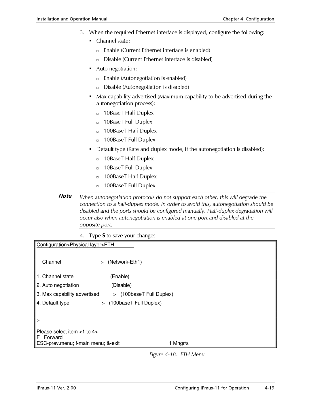 RAD Data comm IPmux-11 operation manual ETH Menu 