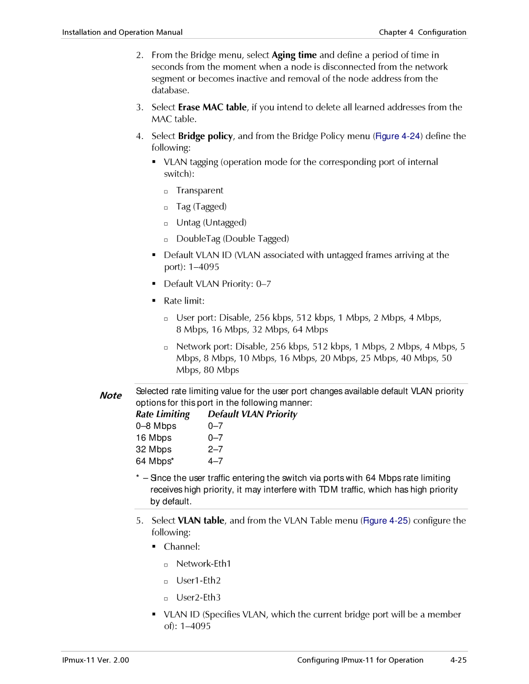 RAD Data comm IPmux-11 operation manual Options for this port in the following manner, Rate Limiting Default Vlan Priority 