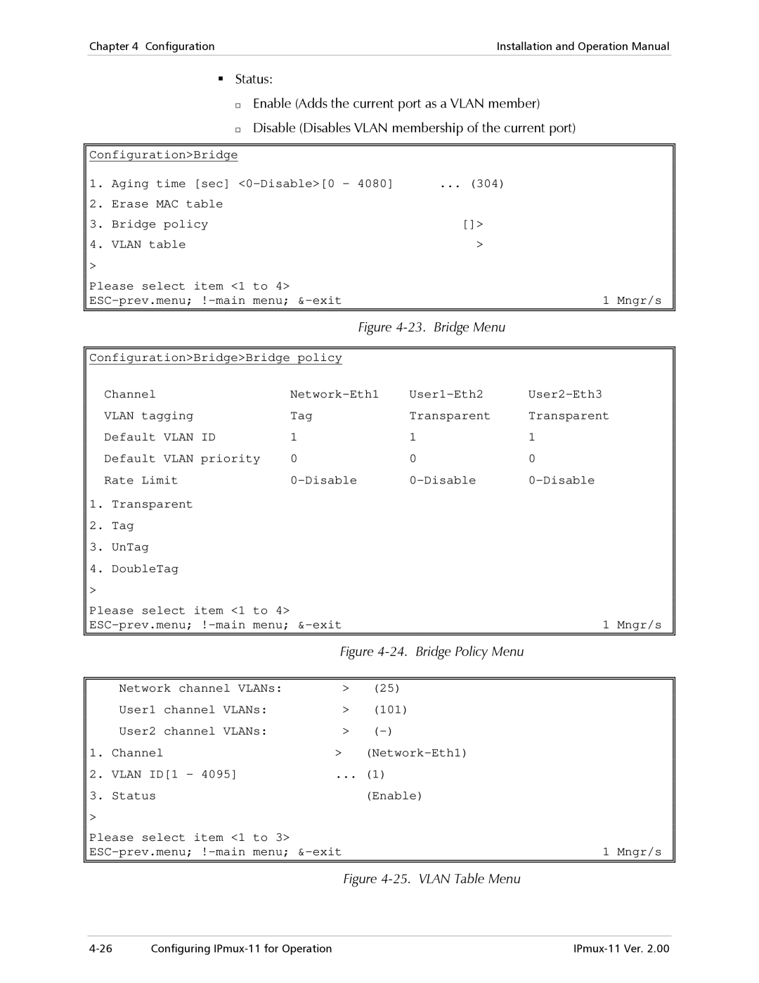 RAD Data comm IPmux-11 operation manual Bridge Menu 