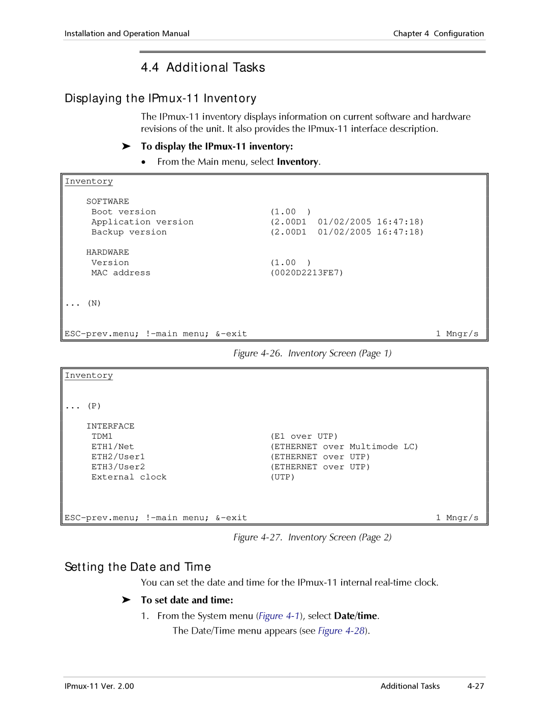 RAD Data comm Additional Tasks, Displaying the IPmux-11 Inventory, Setting the Date and Time, To set date and time 