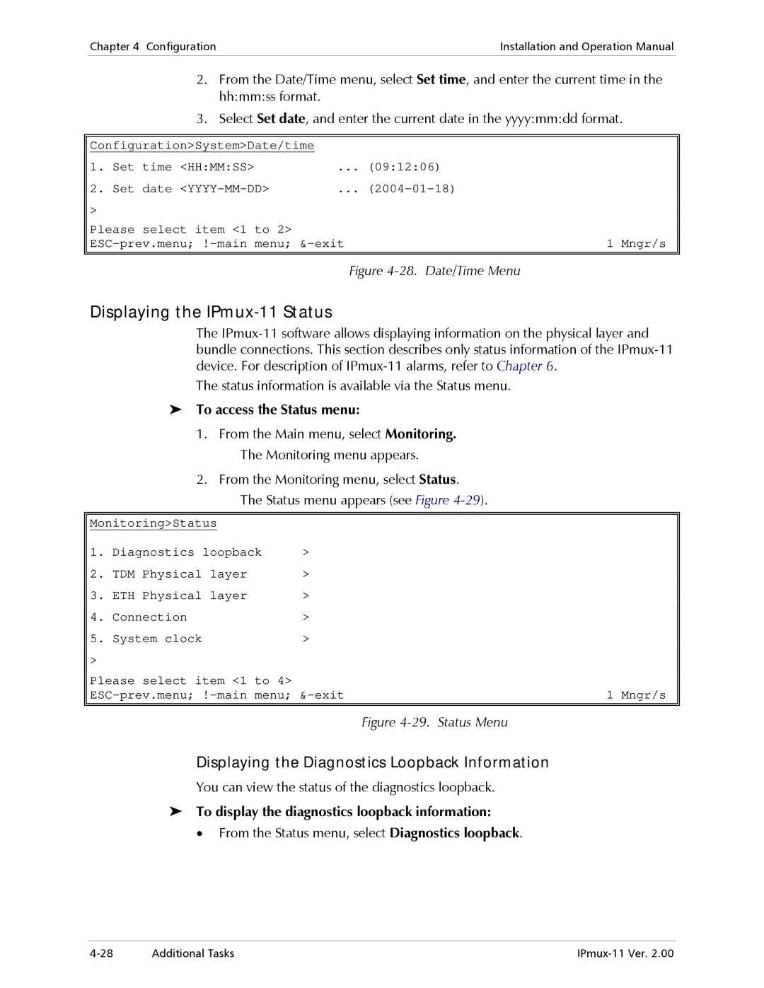 RAD Data comm operation manual Displaying the IPmux-11 Status, Displaying the Diagnostics Loopback Information 