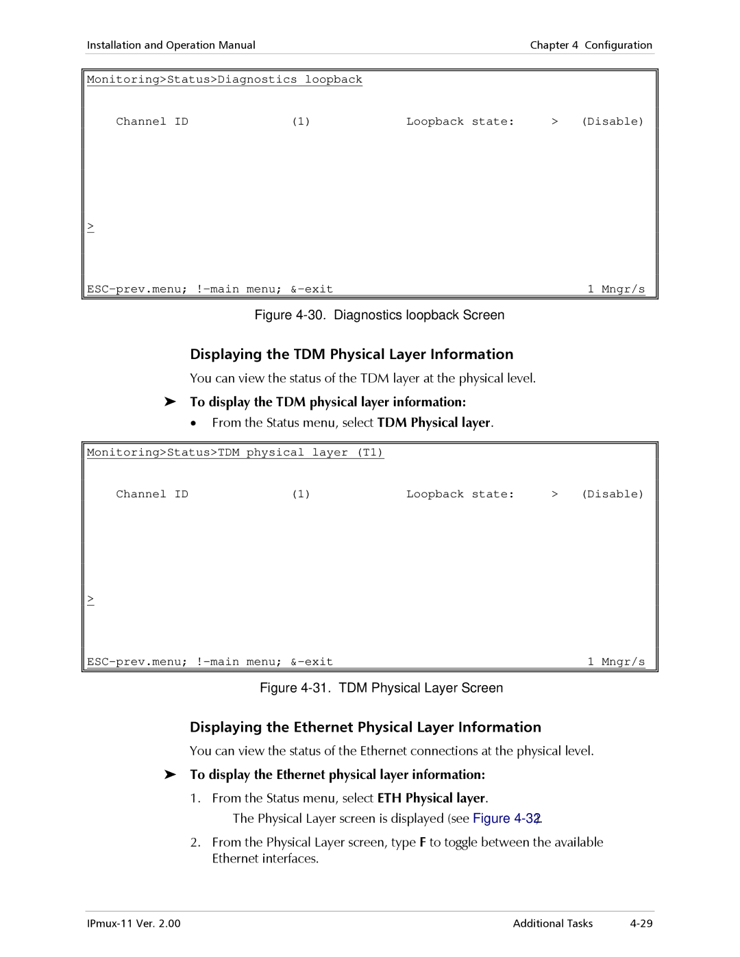 RAD Data comm IPmux-11 Displaying the TDM Physical Layer Information, Displaying the Ethernet Physical Layer Information 