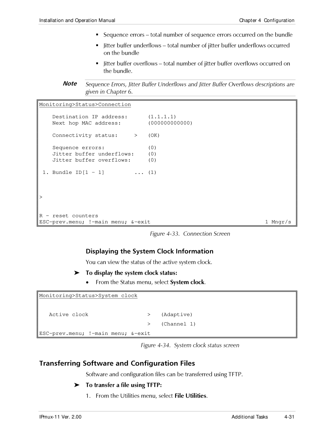 RAD Data comm IPmux-11 Transferring Software and Configuration Files, Displaying the System Clock Information 