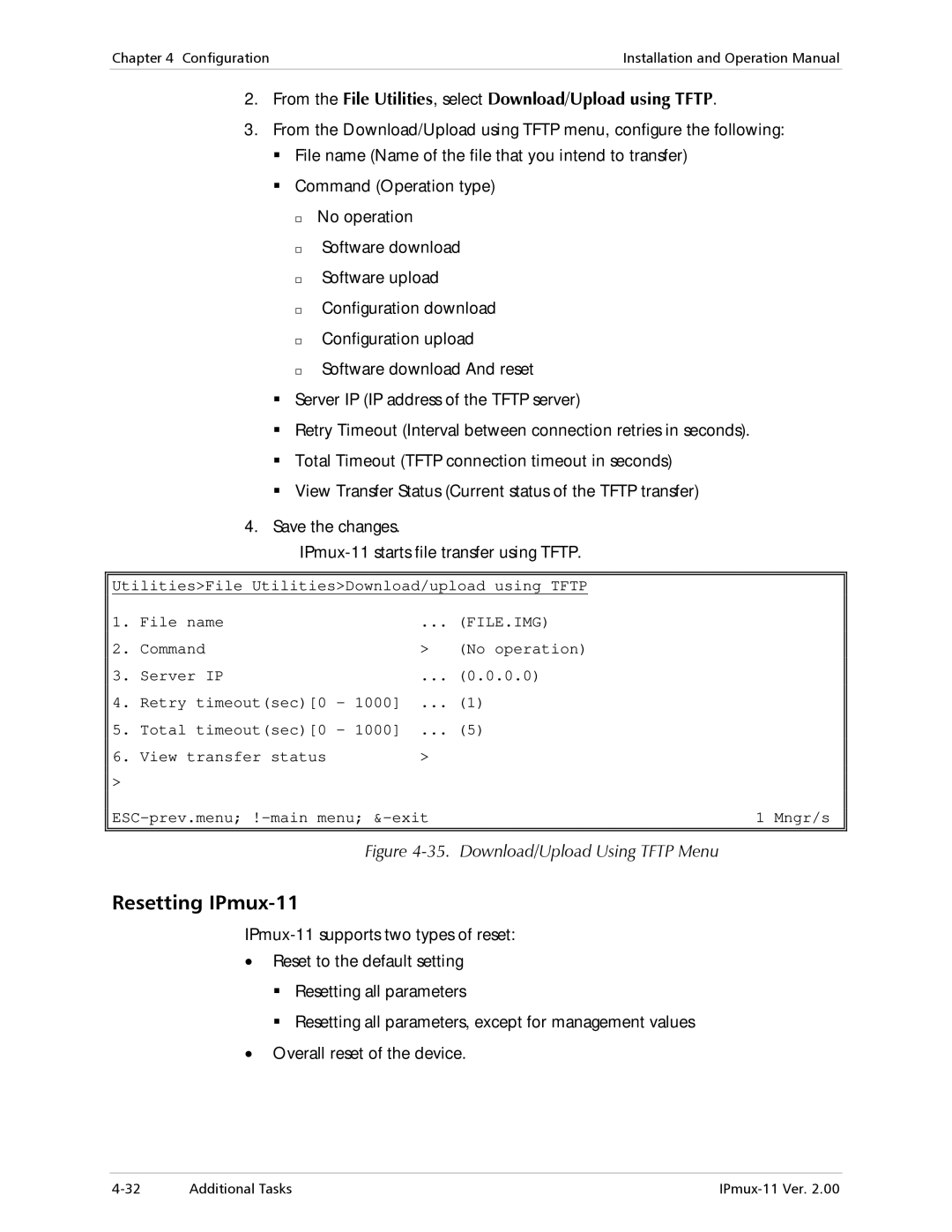 RAD Data comm operation manual Resetting IPmux-11, From the File Utilities, select Download/Upload using Tftp 