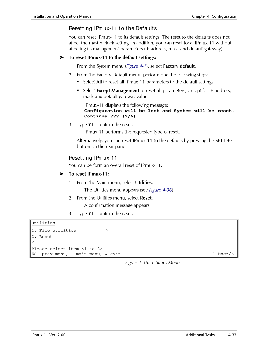 RAD Data comm operation manual Resetting IPmux-11 to the Defaults, To reset IPmux-11 to the default settings 