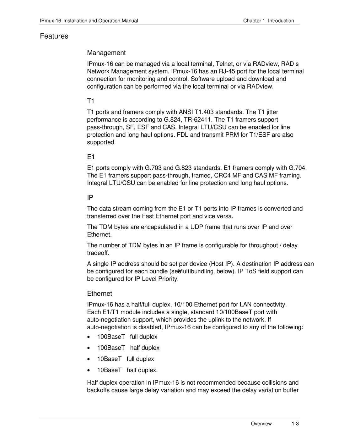 RAD Data comm IPmux-16 operation manual Features, Management, Ethernet 