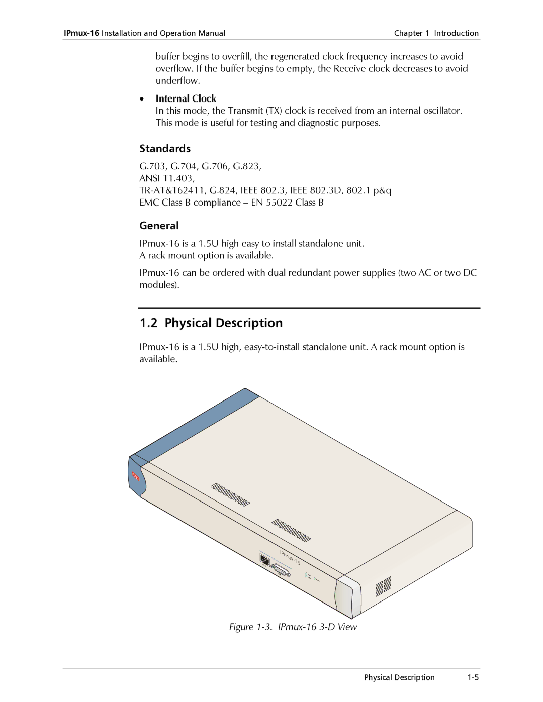 RAD Data comm IPmux-16 operation manual Physical Description, Standards, General, Internal Clock 