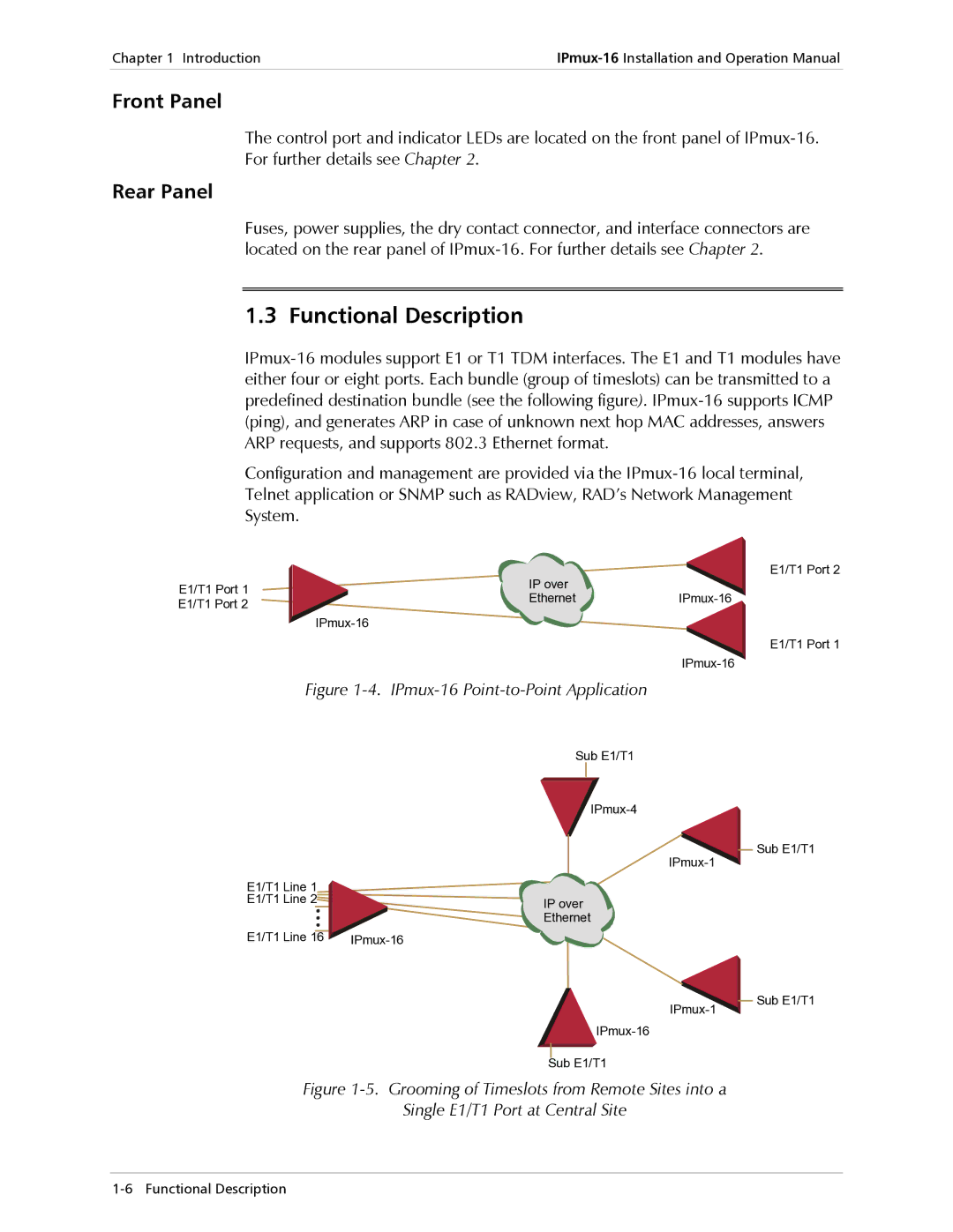 RAD Data comm IPmux-16 operation manual Functional Description, Front Panel, Rear Panel, Single E1/T1 Port at Central Site 