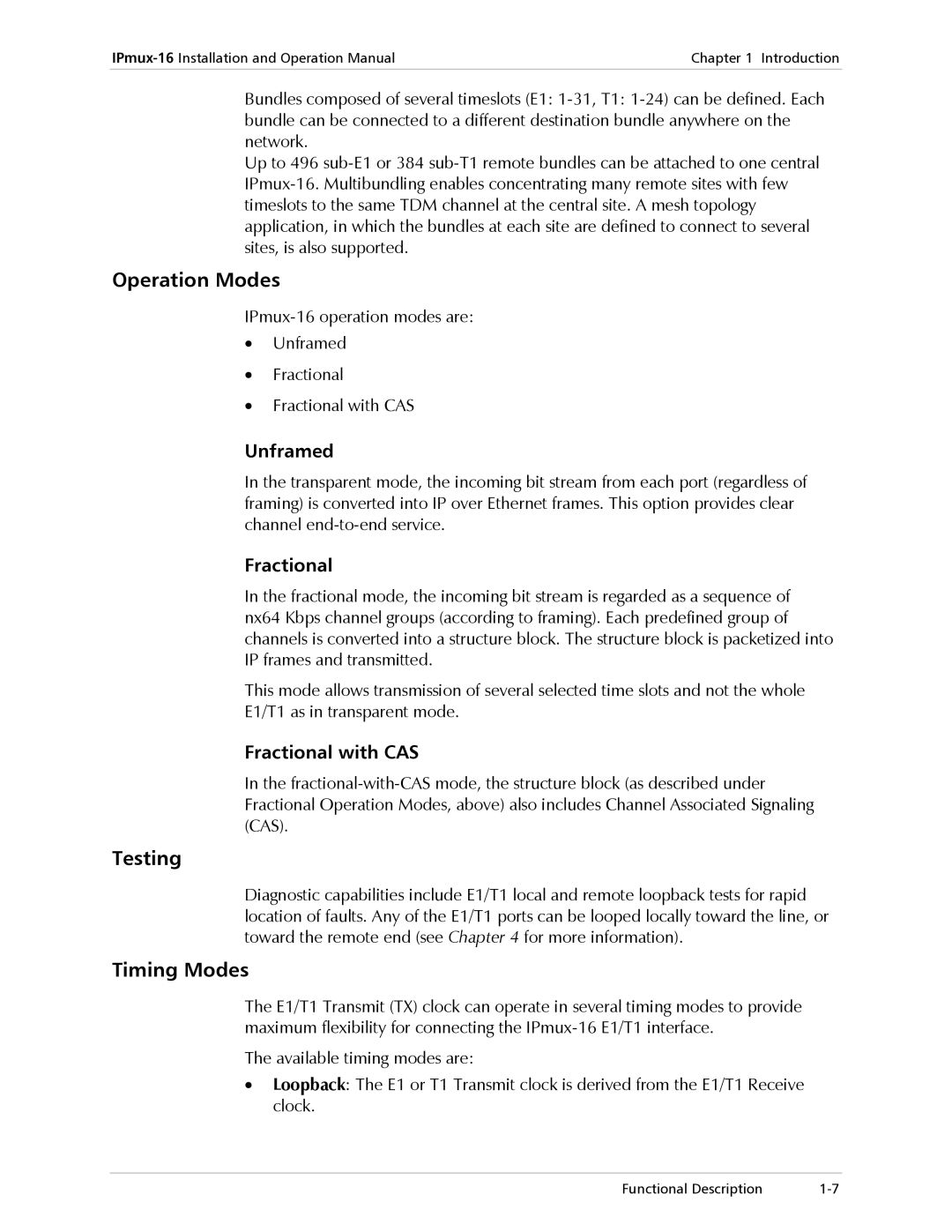 RAD Data comm IPmux-16 operation manual Operation Modes, Testing, Timing Modes 