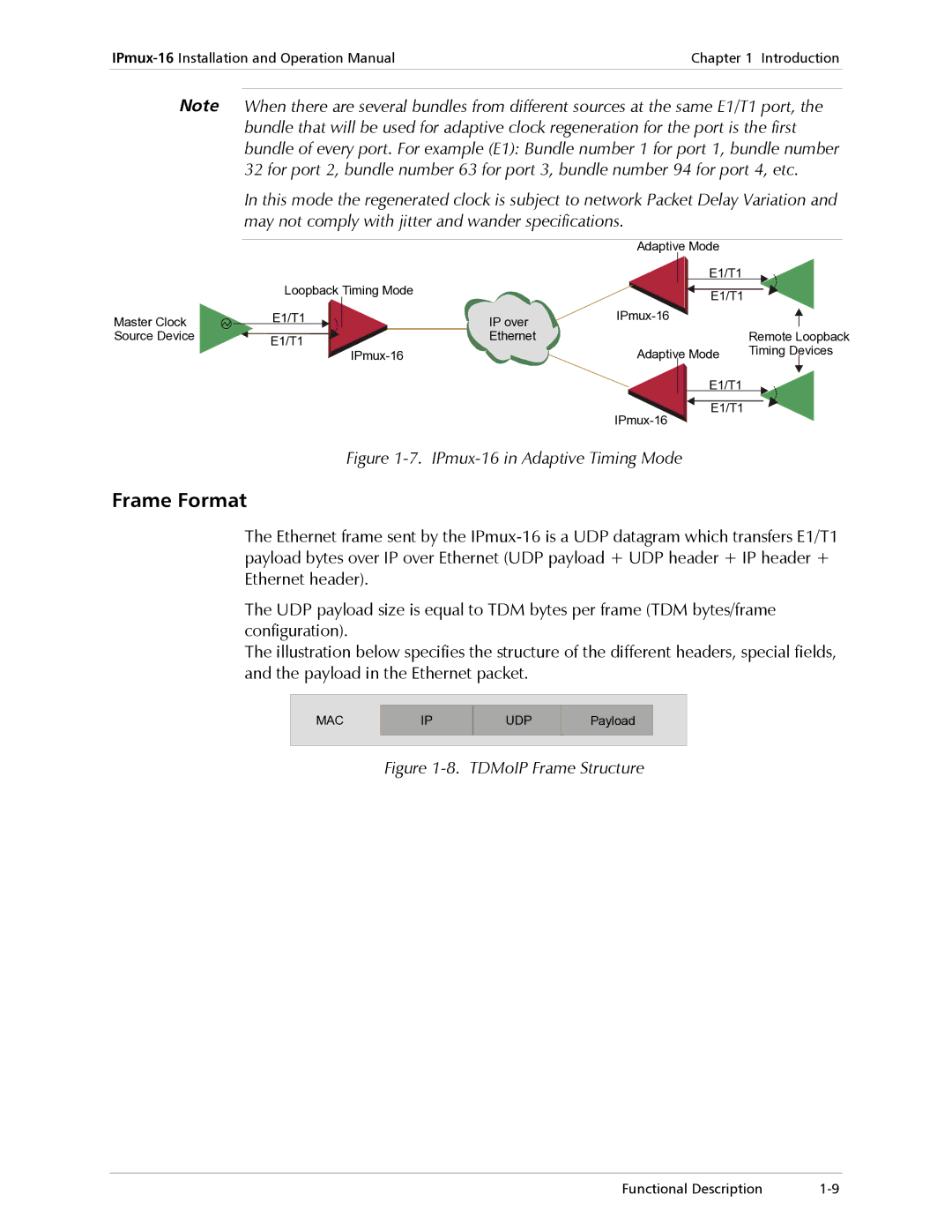 RAD Data comm operation manual Frame Format, IPmux-16 in Adaptive Timing Mode 