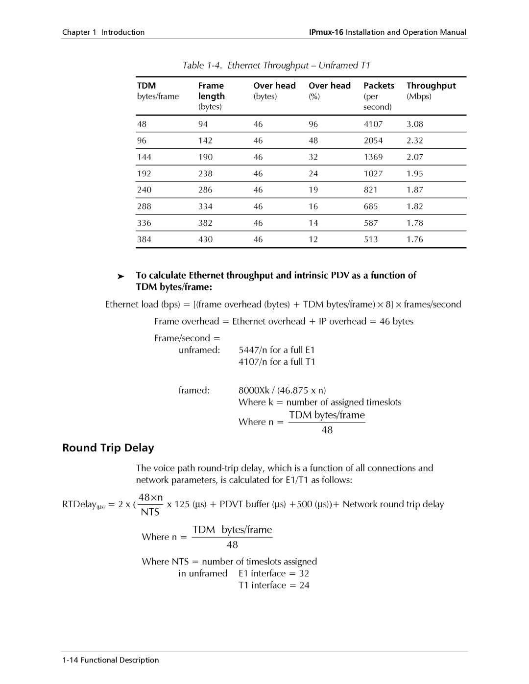 RAD Data comm IPmux-16 Round Trip Delay, Ethernet Throughput Unframed T1, Where n = TDM bytes/frame, T1 interface = 