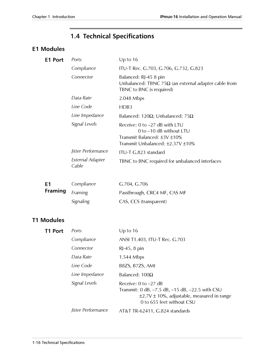 RAD Data comm IPmux-16 operation manual Technical Specifications, E1 Modules, T1 Modules 