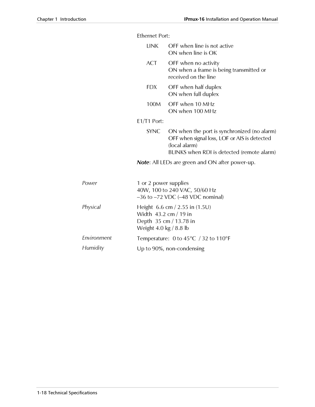 RAD Data comm IPmux-16 operation manual Power Physical 