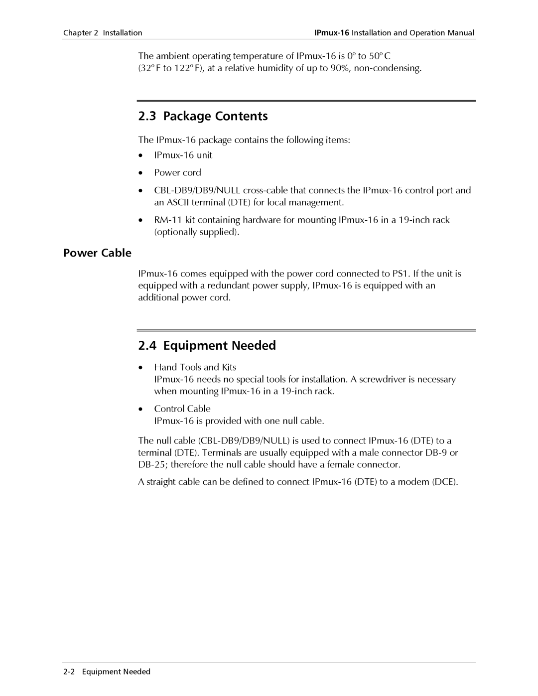 RAD Data comm IPmux-16 operation manual Package Contents, Equipment Needed 