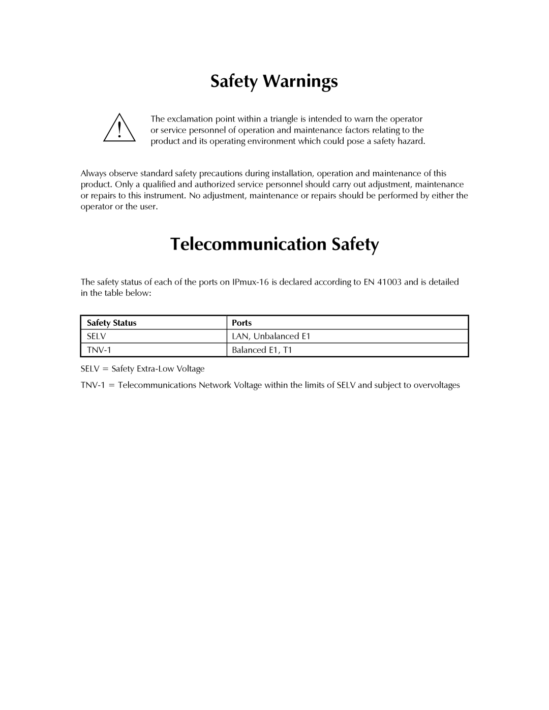 RAD Data comm IPmux-16 operation manual Safety Warnings, Safety Status Ports 