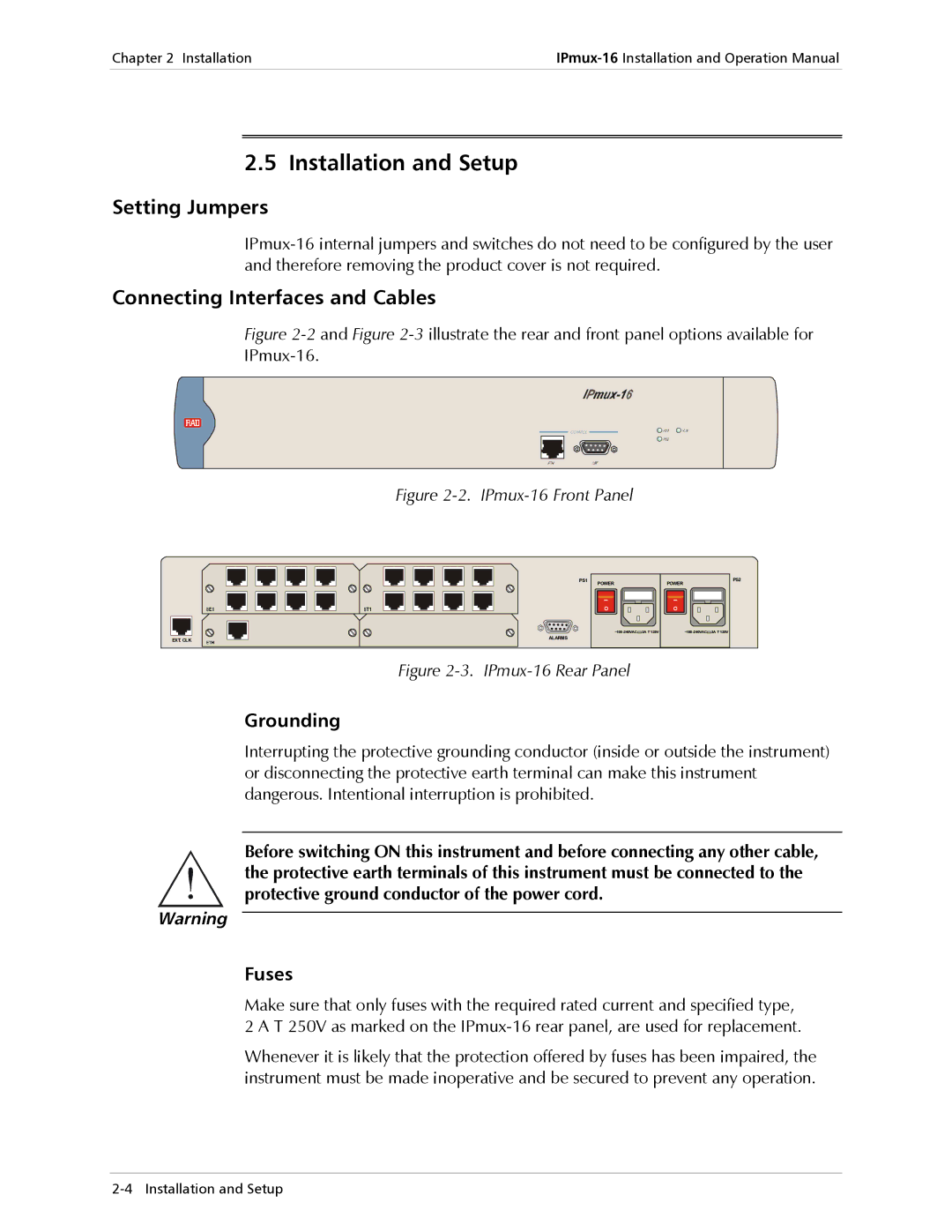 RAD Data comm IPmux-16 Installation and Setup, Setting Jumpers, Connecting Interfaces and Cables, Grounding, Fuses 