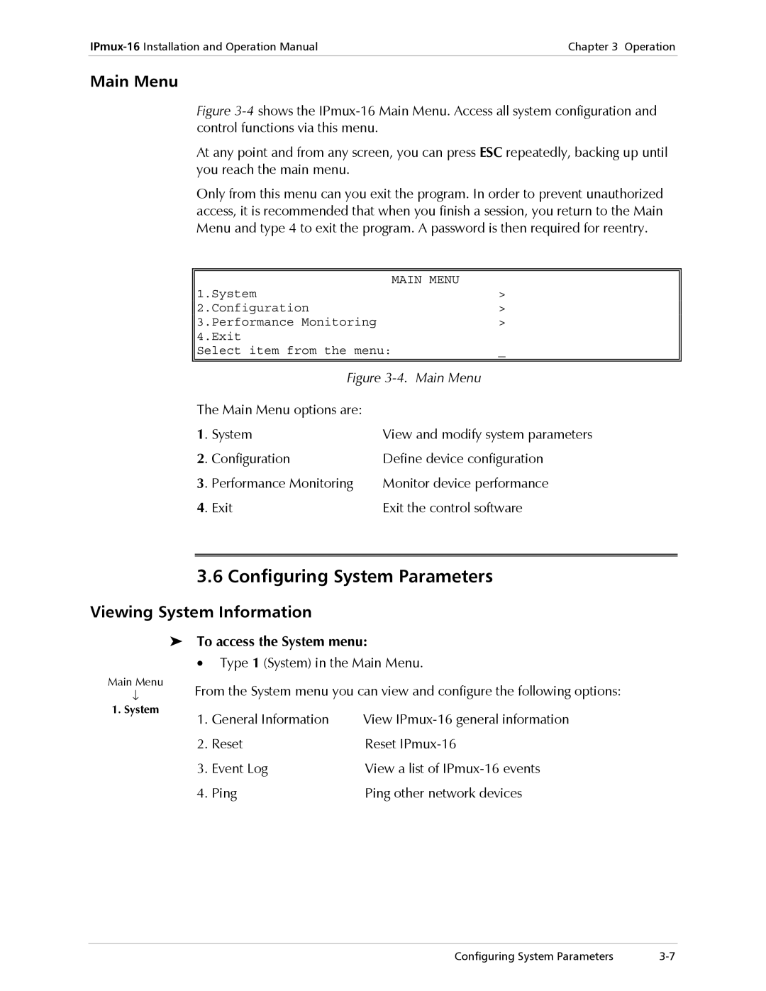 RAD Data comm IPmux-16 Configuring System Parameters, Main Menu, Viewing System Information, To access the System menu 