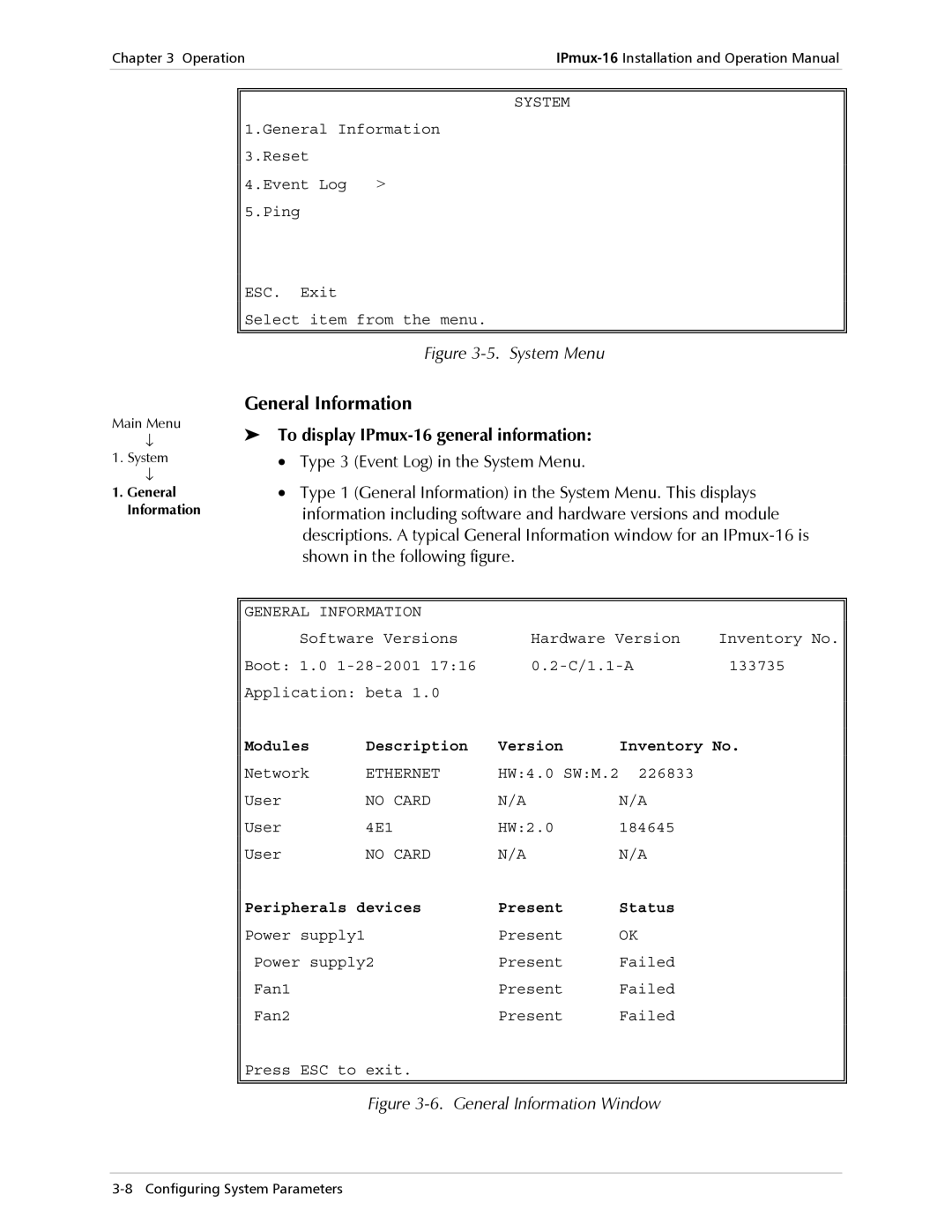 RAD Data comm operation manual General Information, To display IPmux-16 general information 