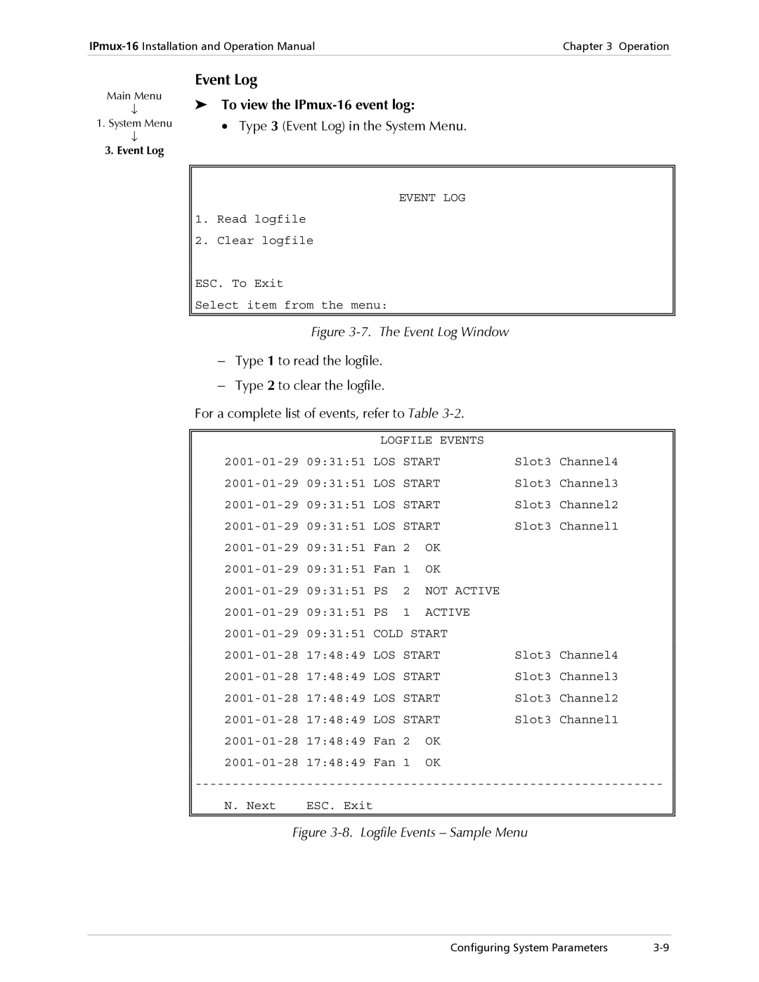 RAD Data comm operation manual To view the IPmux-16 event log, Type 3 Event Log in the System Menu 