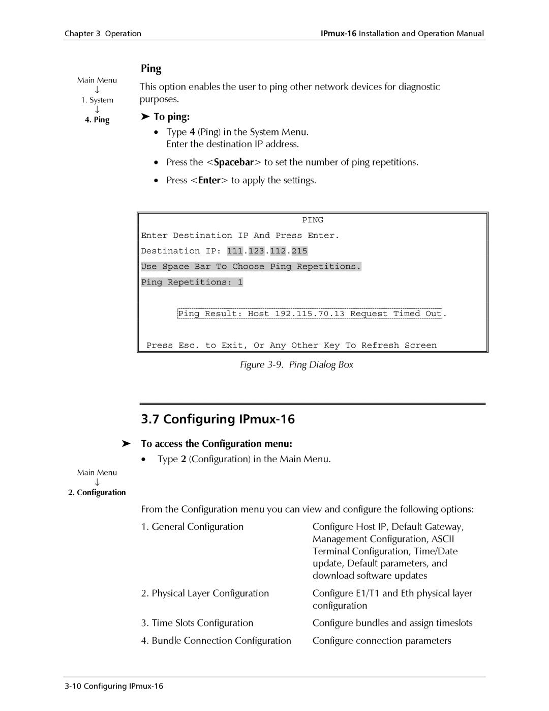 RAD Data comm operation manual Configuring IPmux-16, Ping, To ping, To access the Configuration menu 