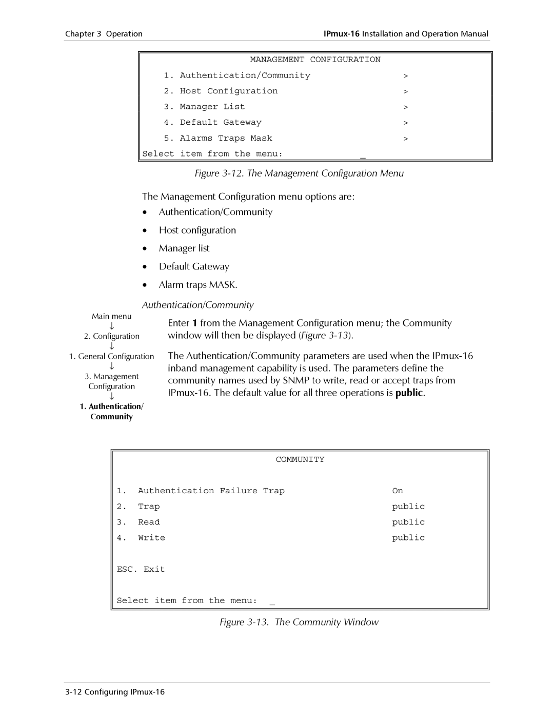 RAD Data comm IPmux-16 operation manual Authentication/Community, Management Configuration 