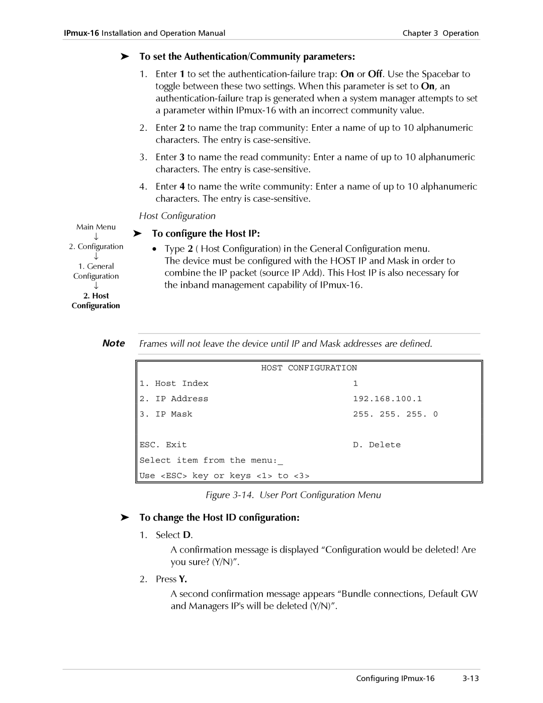 RAD Data comm IPmux-16 To set the Authentication/Community parameters, Host Configuration, To configure the Host IP 