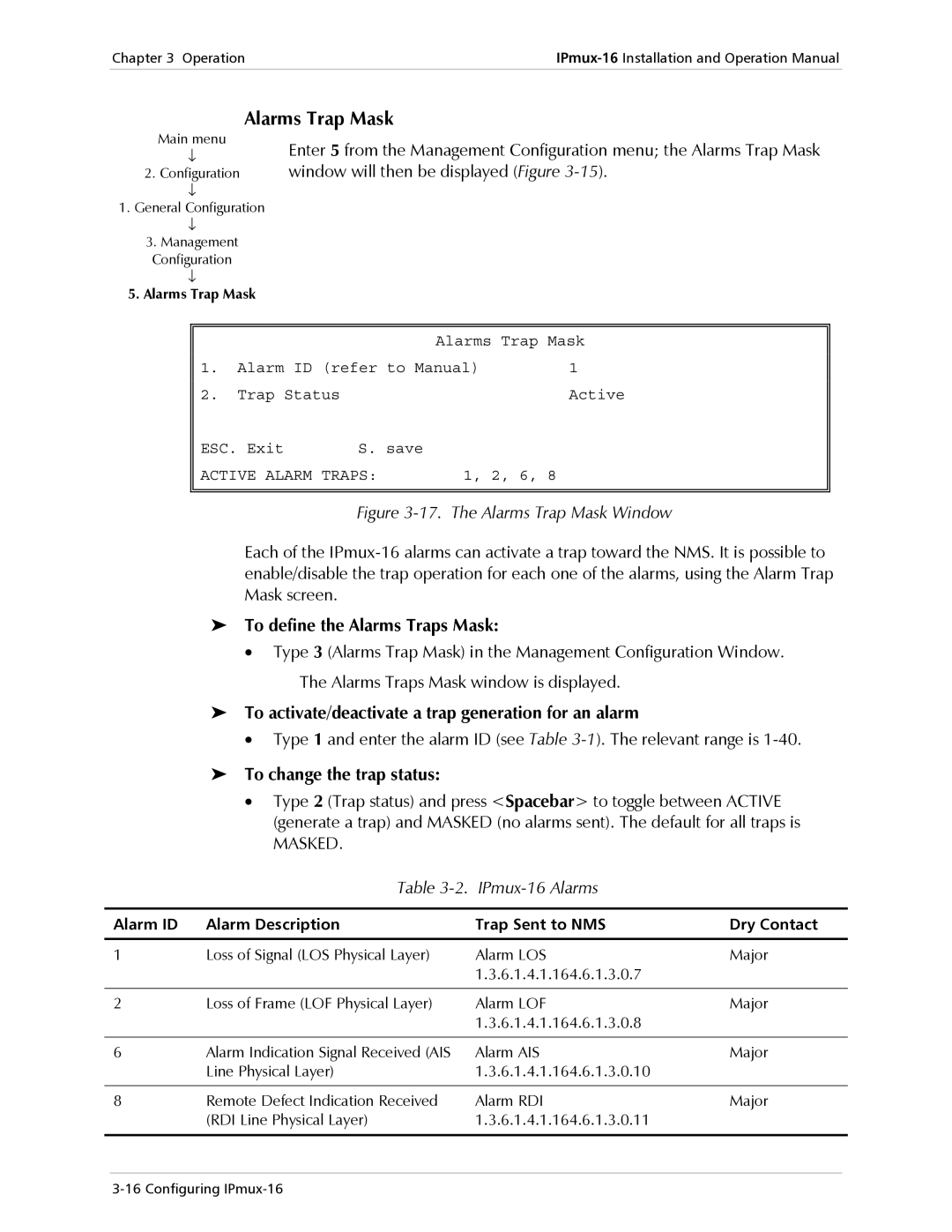 RAD Data comm Alarms Trap Mask, To define the Alarms Traps Mask, To change the trap status, IPmux-16 Alarms 