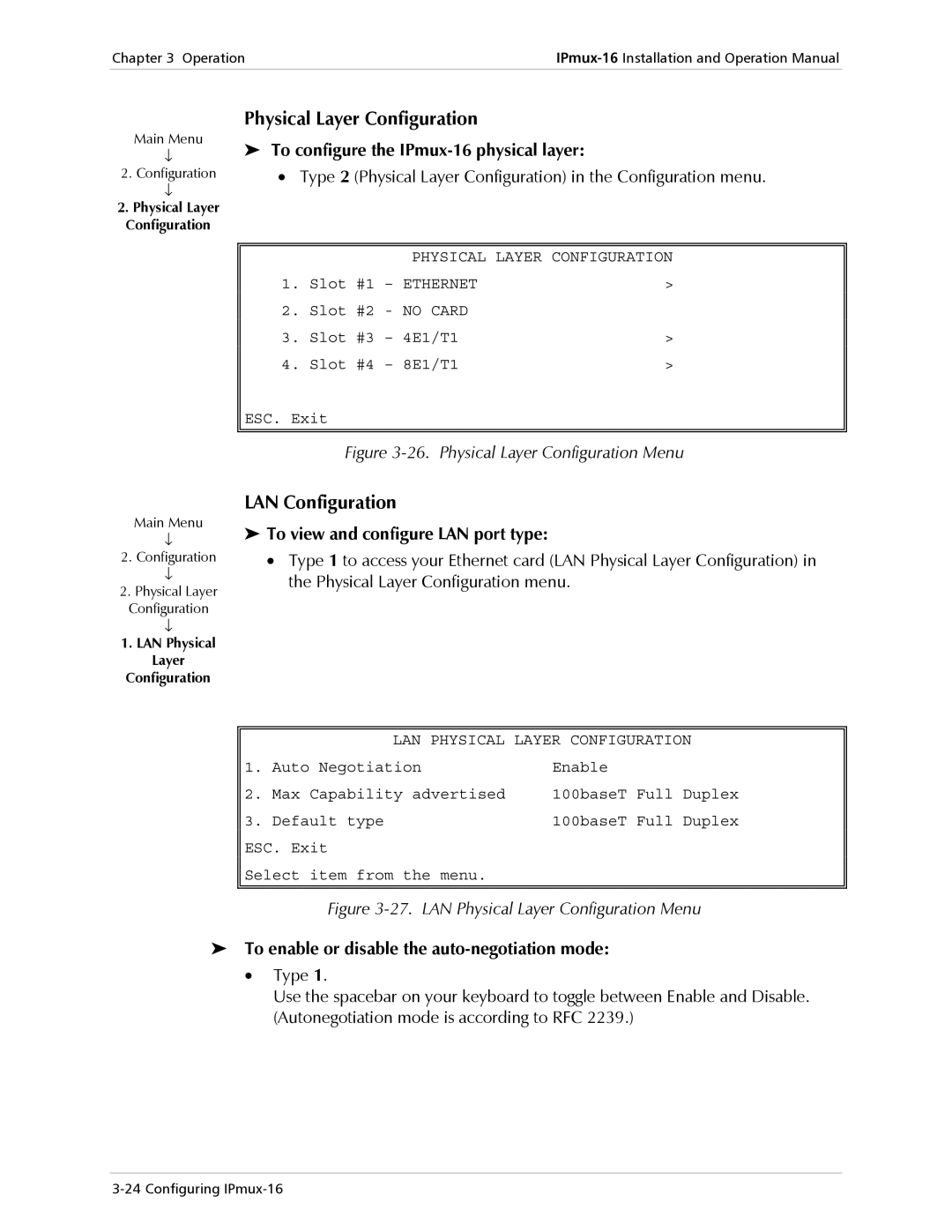 RAD Data comm operation manual Physical Layer Configuration, LAN Configuration, To configure the IPmux-16 physical layer 