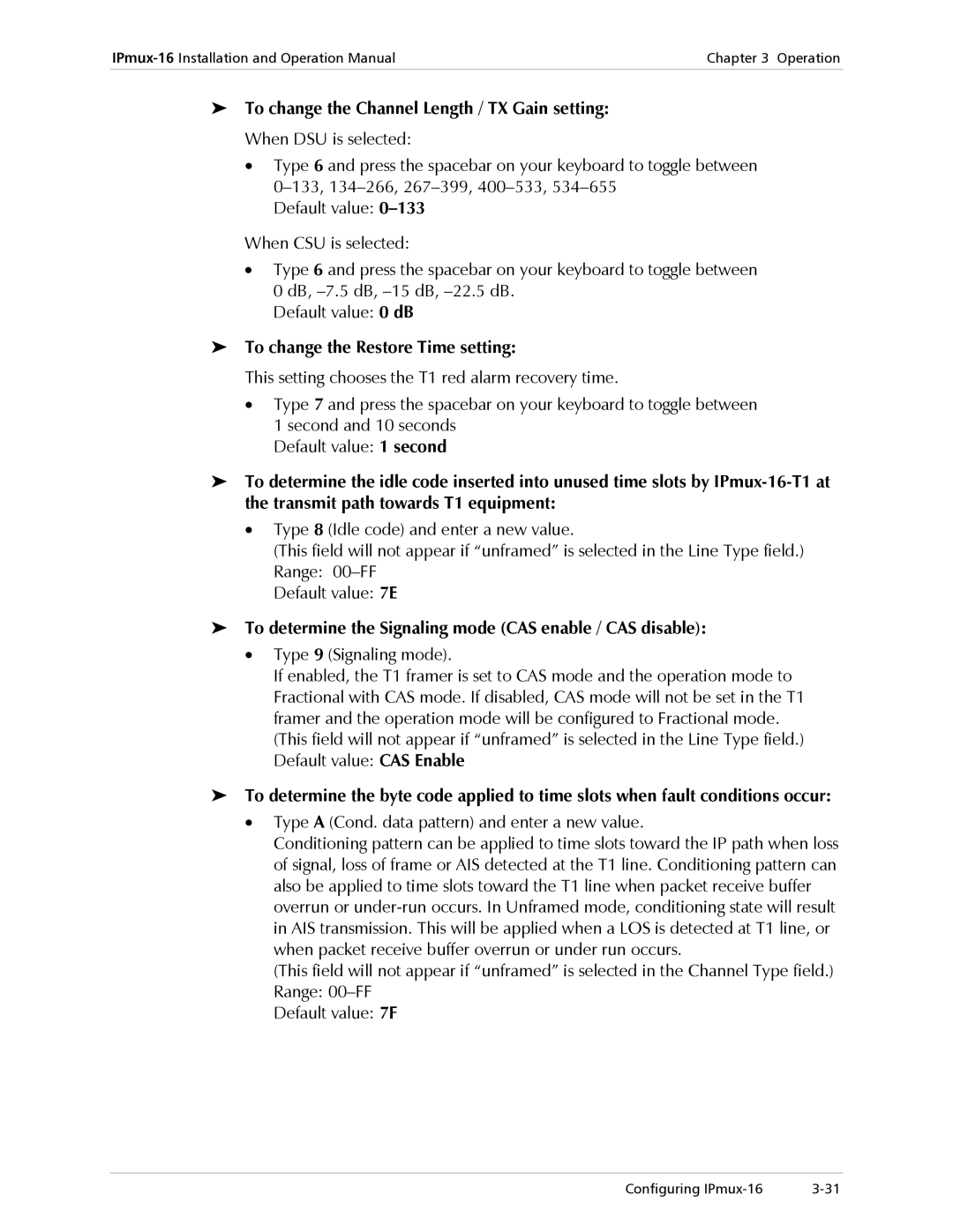 RAD Data comm IPmux-16 operation manual To change the Restore Time setting, Type a Cond. data pattern and enter a new value 