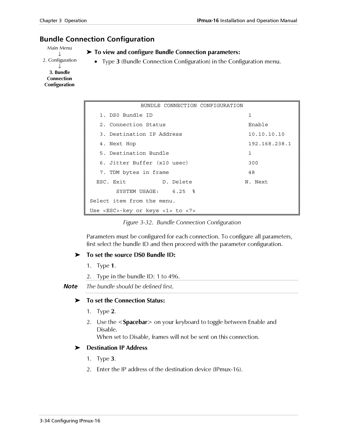 RAD Data comm IPmux-16 operation manual Bundle Connection Configuration, To view and configure Bundle Connection parameters 