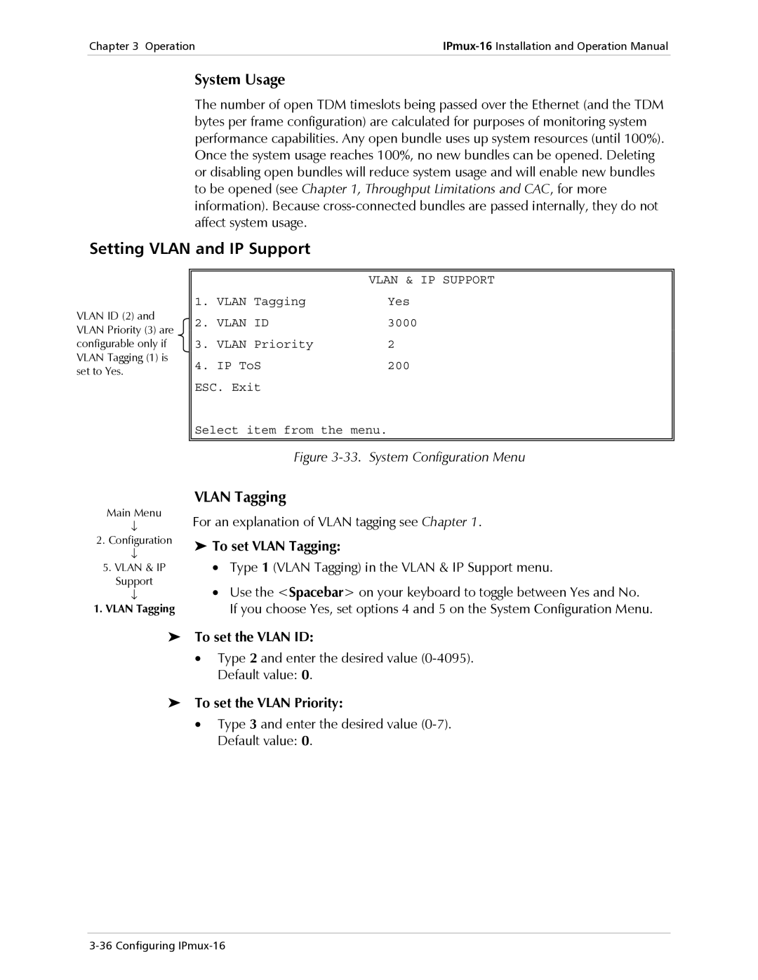 RAD Data comm IPmux-16 operation manual Setting Vlan and IP Support, System Usage, Vlan Tagging 