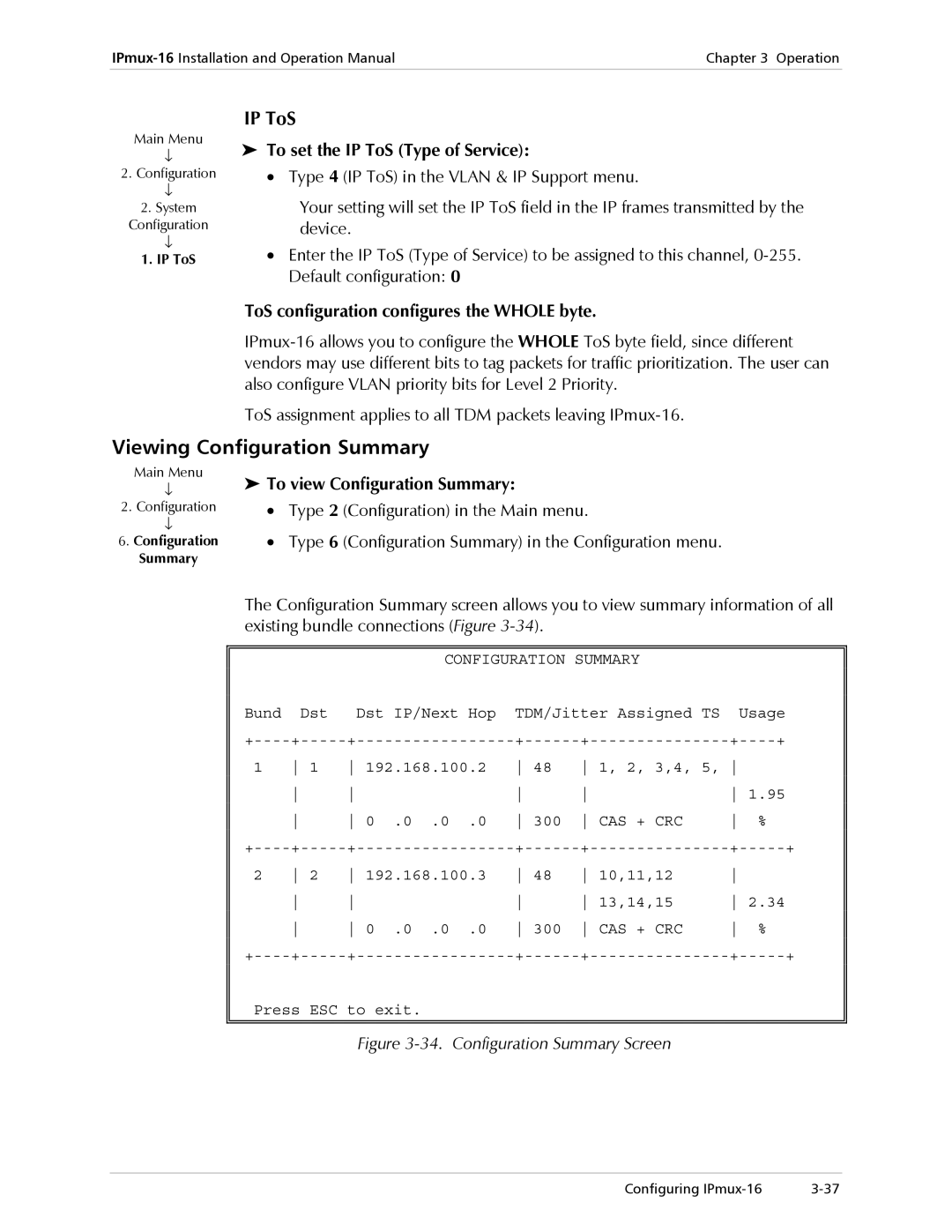 RAD Data comm IPmux-16 operation manual Viewing Configuration Summary, To set the IP ToS Type of Service 