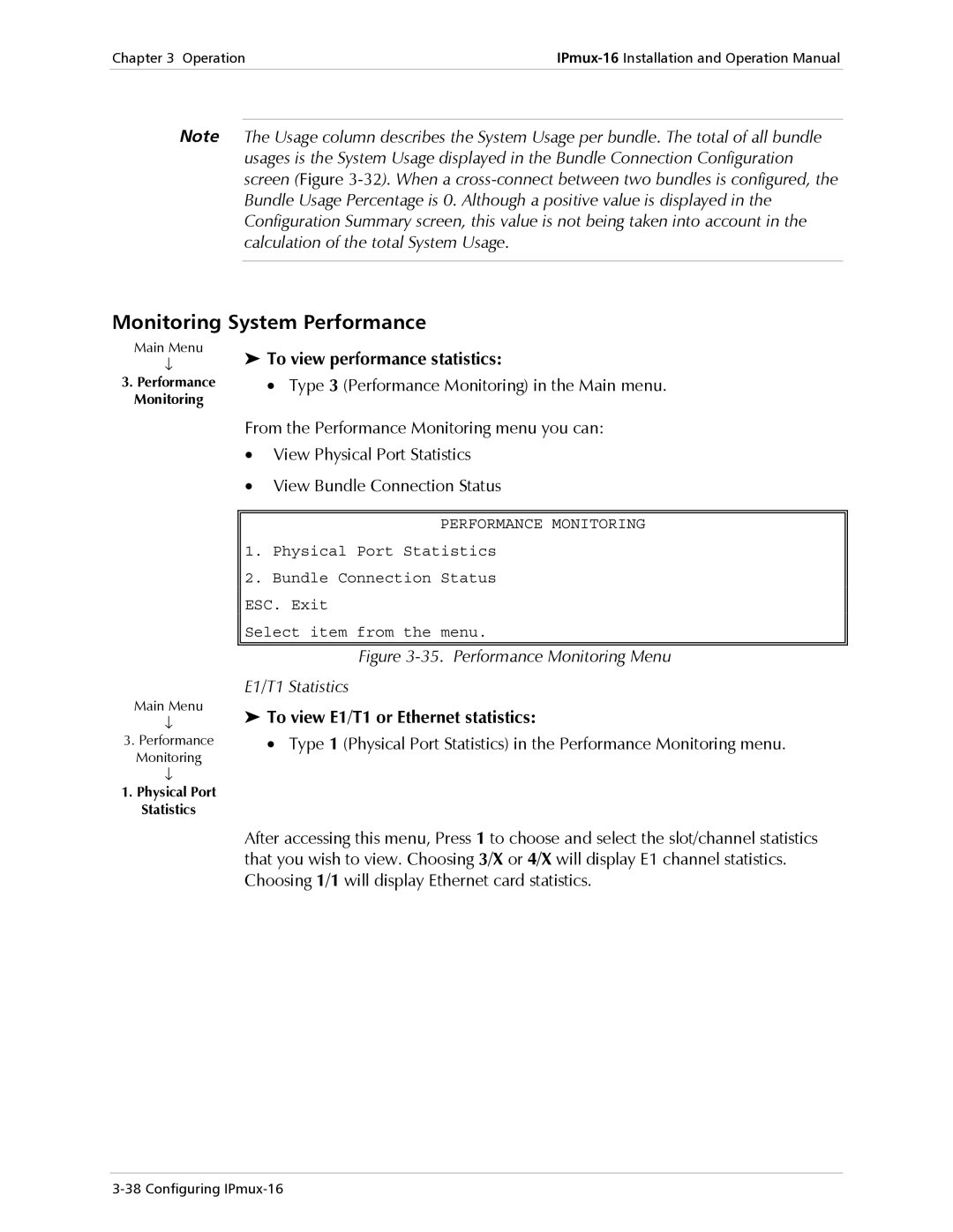 RAD Data comm IPmux-16 Monitoring System Performance, To view performance statistics, To view E1/T1 or Ethernet statistics 