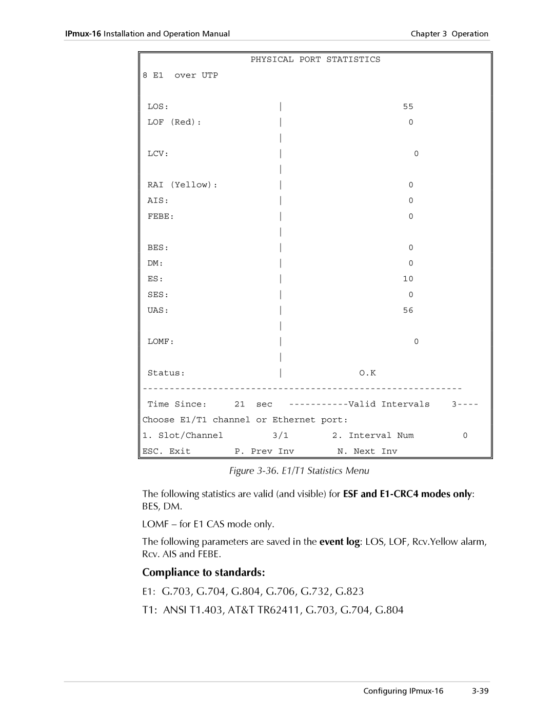 RAD Data comm IPmux-16 Compliance to standards, Physical Port Statistics, Los, Lcv, AIS Febe BES SES UAS Lomf 