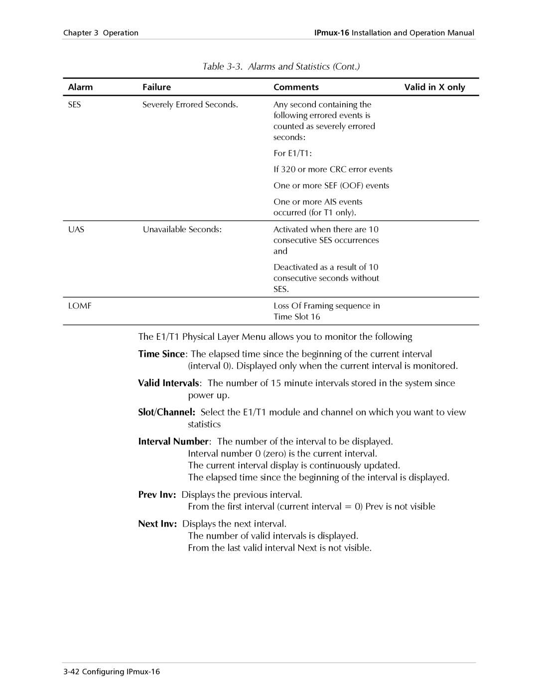 RAD Data comm IPmux-16 operation manual Alarm Failure Comments Valid in X only, Ses 