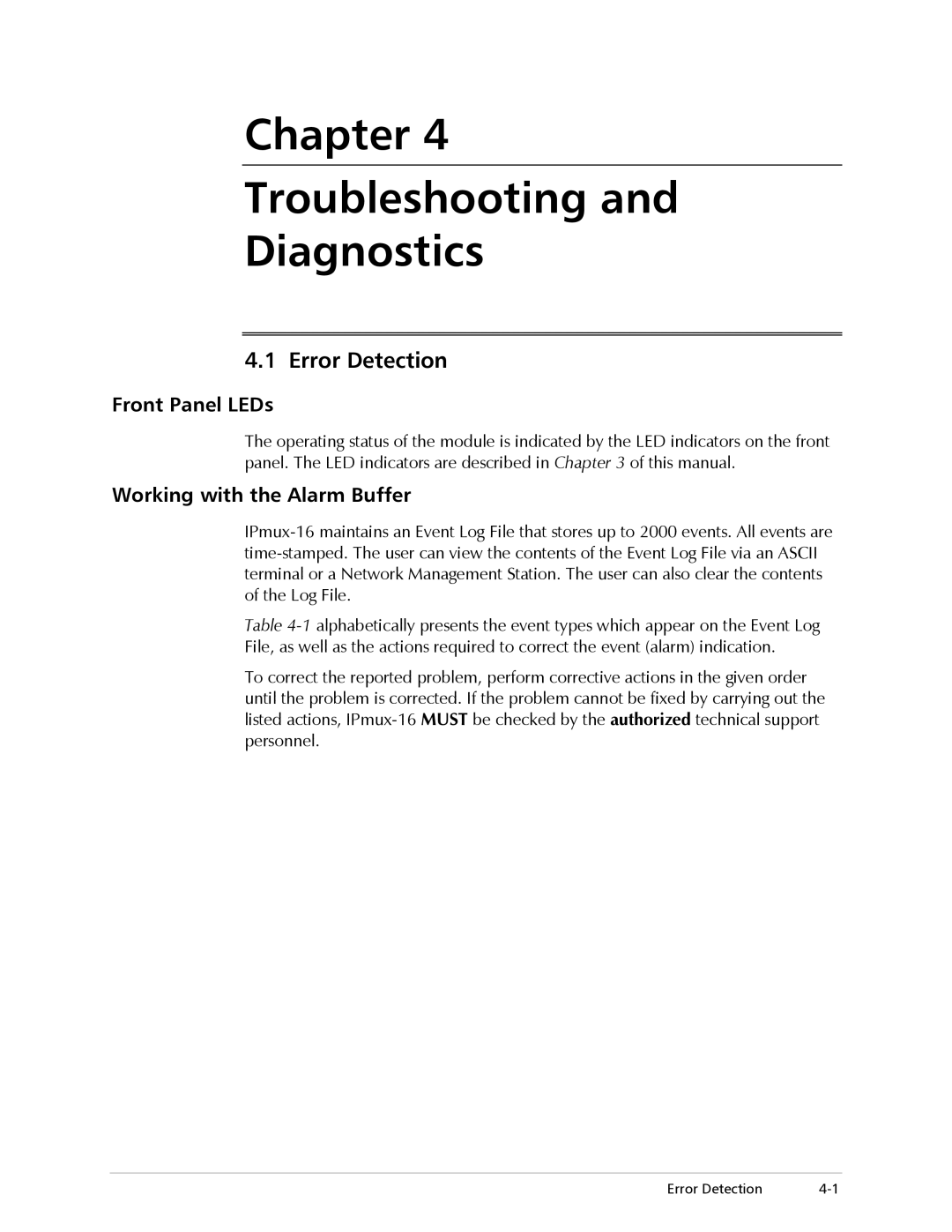 RAD Data comm IPmux-16 operation manual Error Detection, Front Panel LEDs, Working with the Alarm Buffer 