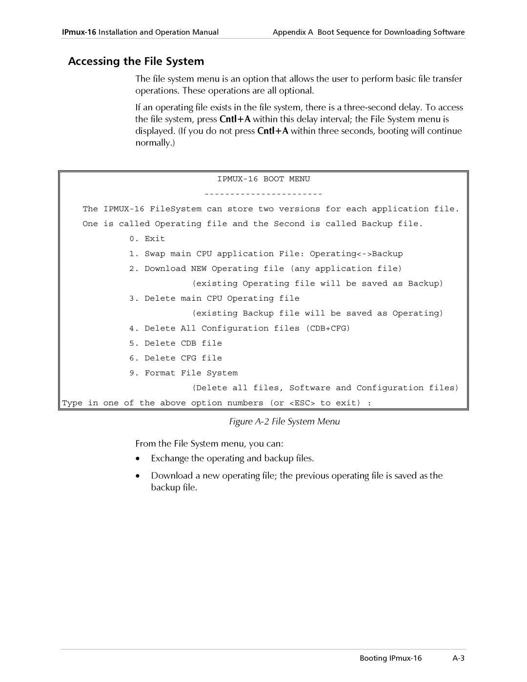 RAD Data comm IPmux-16 operation manual Accessing the File System, IPMUX-16 Boot Menu 