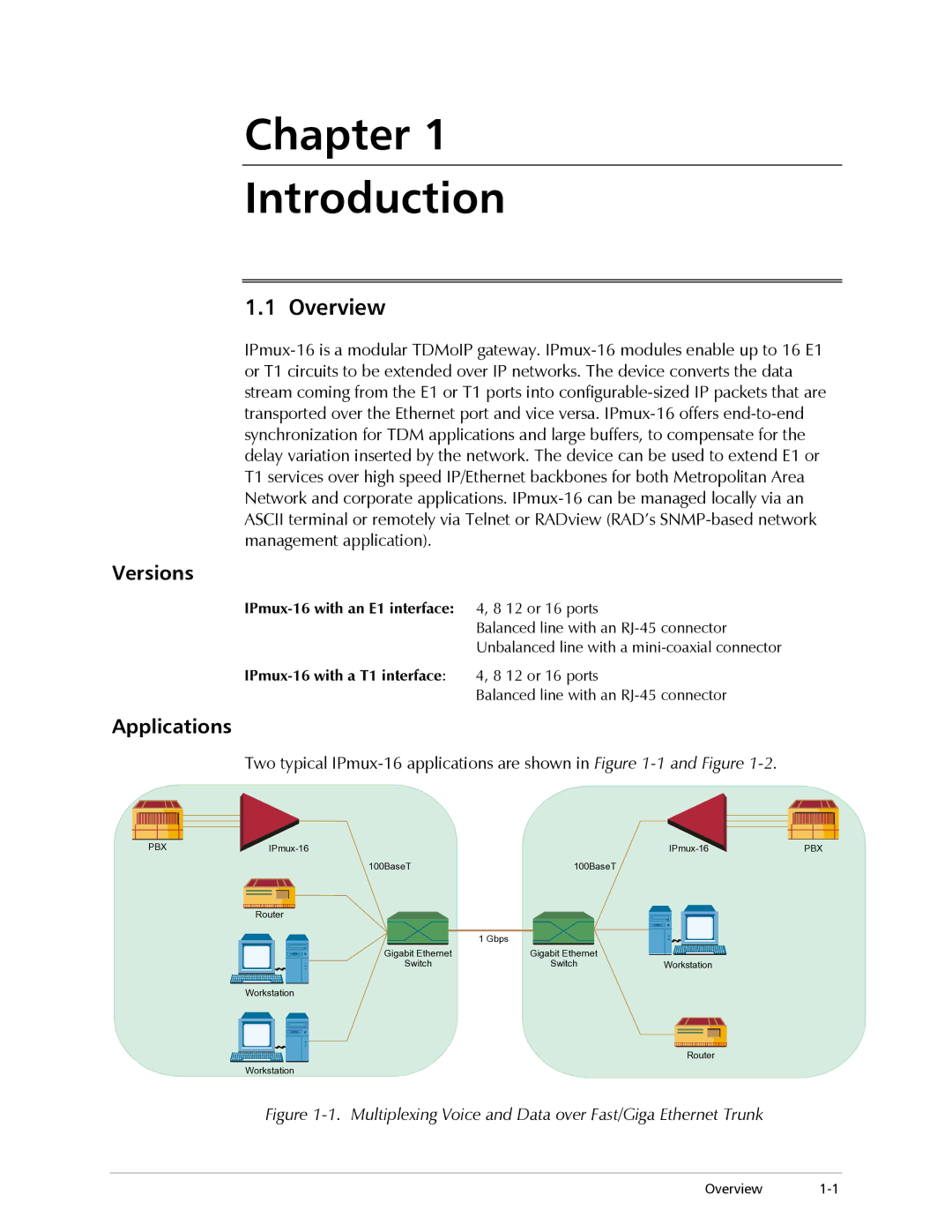 RAD Data comm Overview, Versions, Applications, IPmux-16 with an E1 interface, IPmux-16 with a T1 interface 