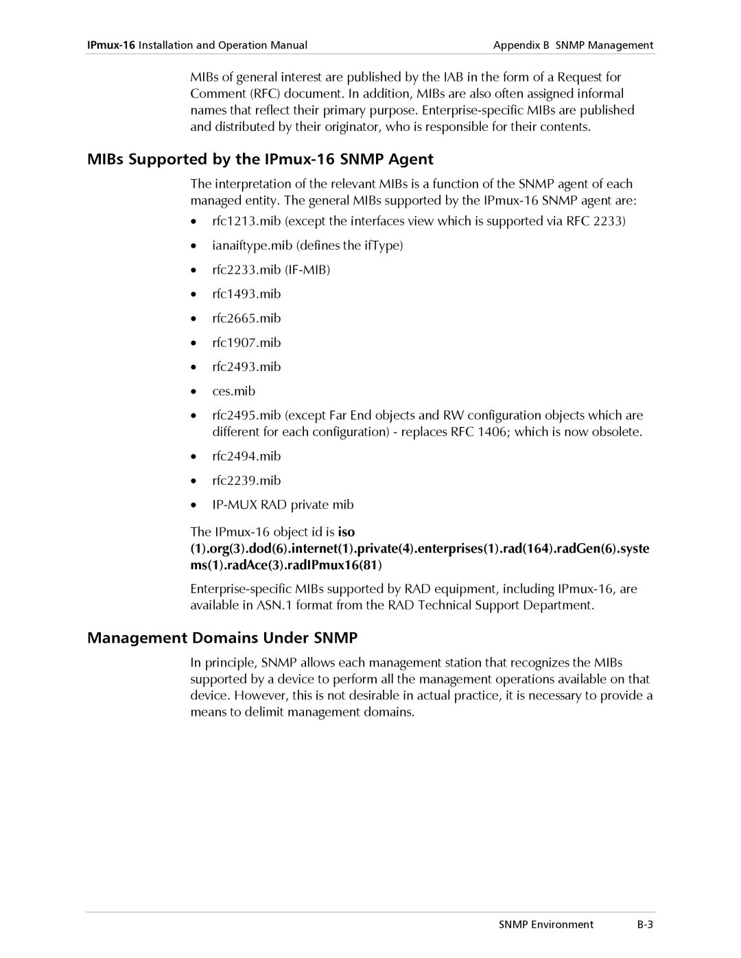 RAD Data comm operation manual MIBs Supported by the IPmux-16 Snmp Agent, Management Domains Under Snmp 